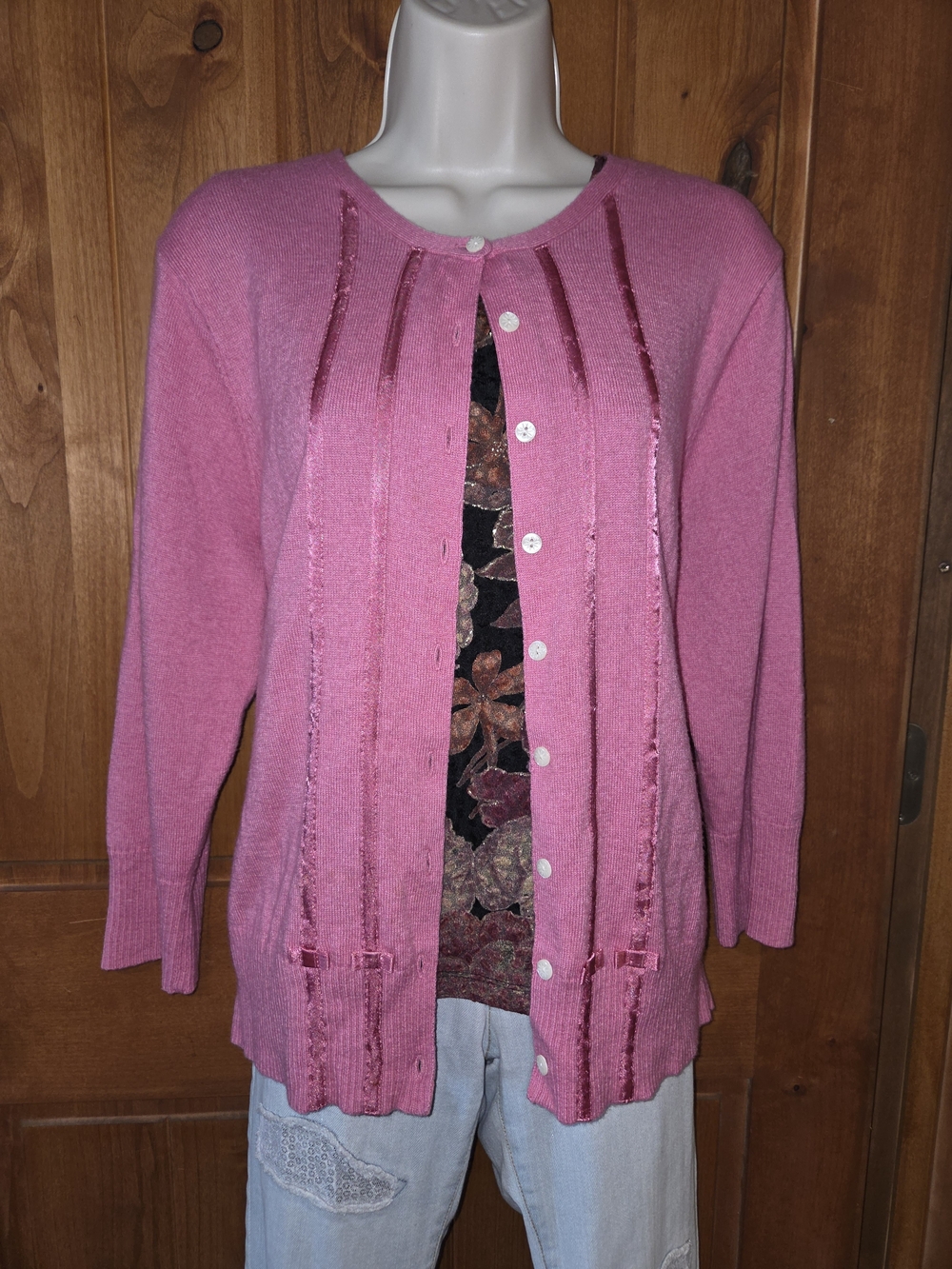 GAP Pink Button-Front Knit Cardigan With Ribbon/Bow Accents